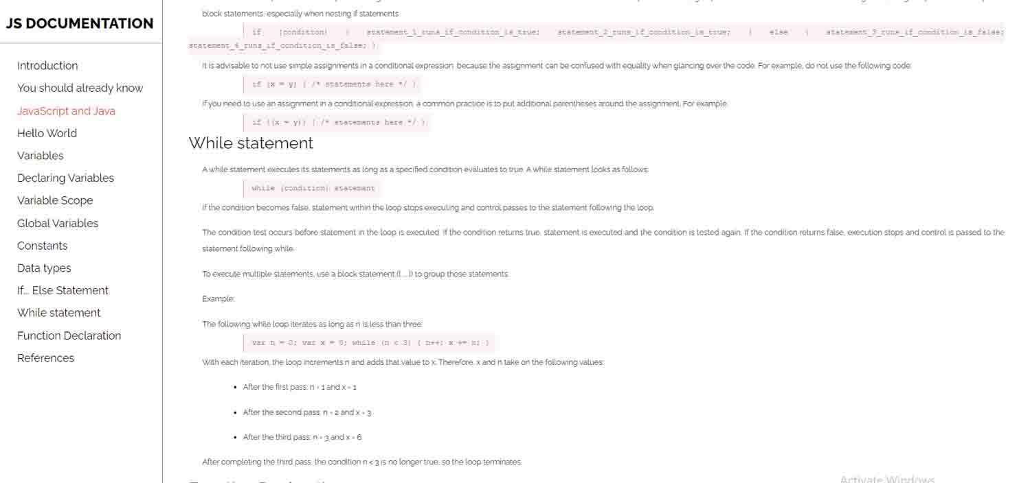 screenshot of a javascript documentation website