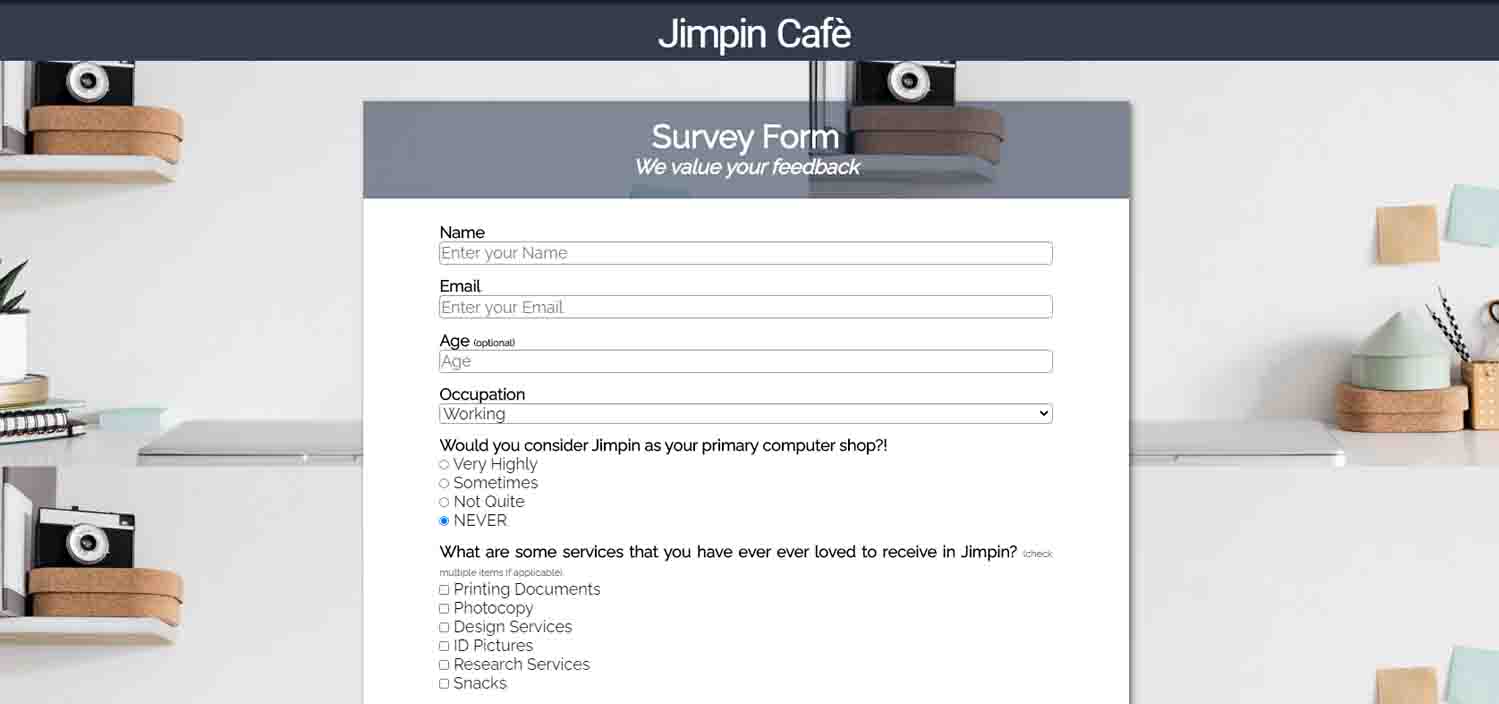 screenshot of a survey form website for the company JimPin